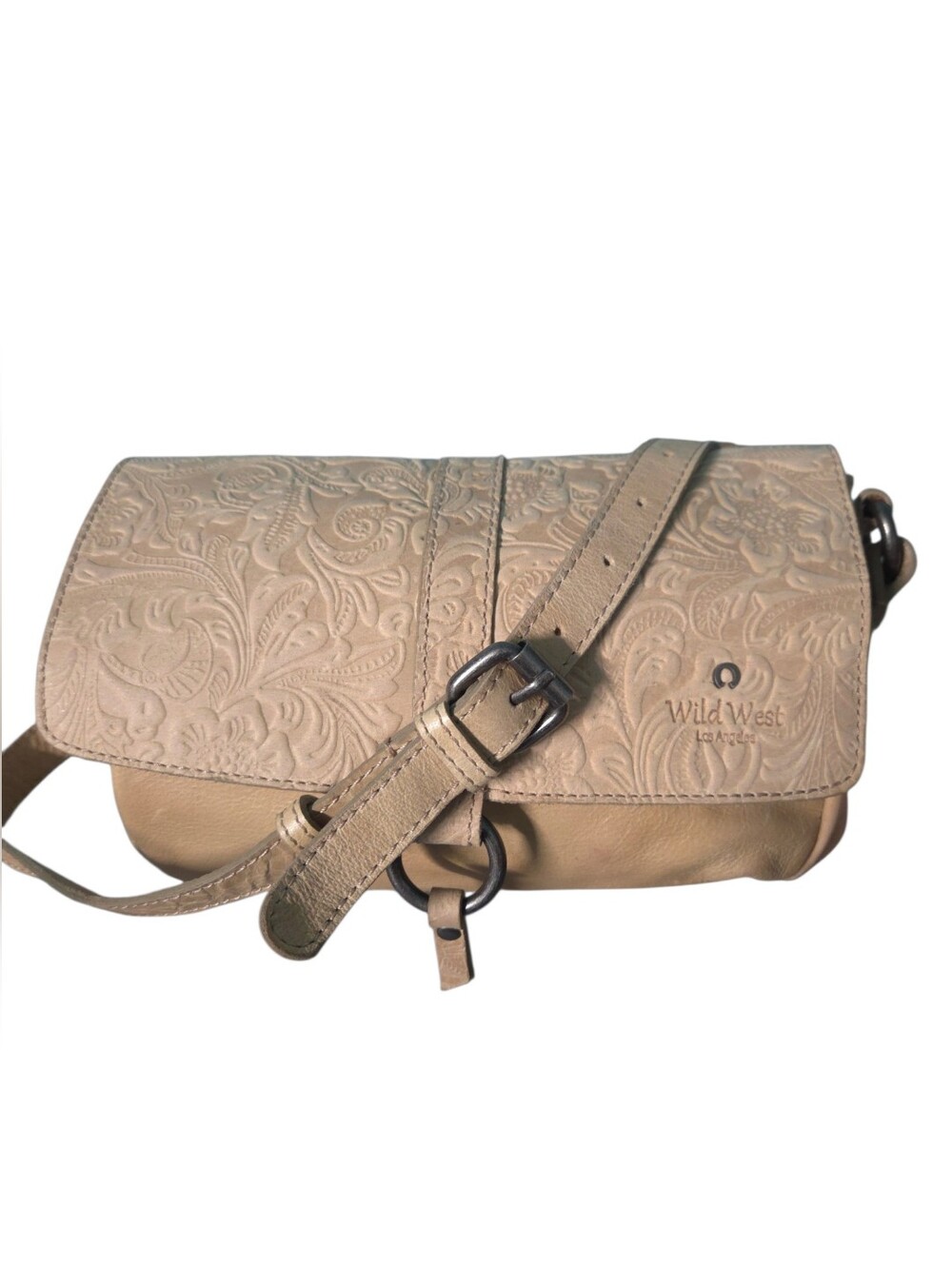 Wild West Los Angeles Leather Crossbody Bag w/Intricate Floral Embossed Pattern